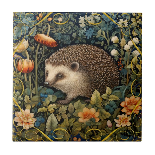 Cute Hedgehog Tapestry William Morris Style Ceramic Tile (Front)