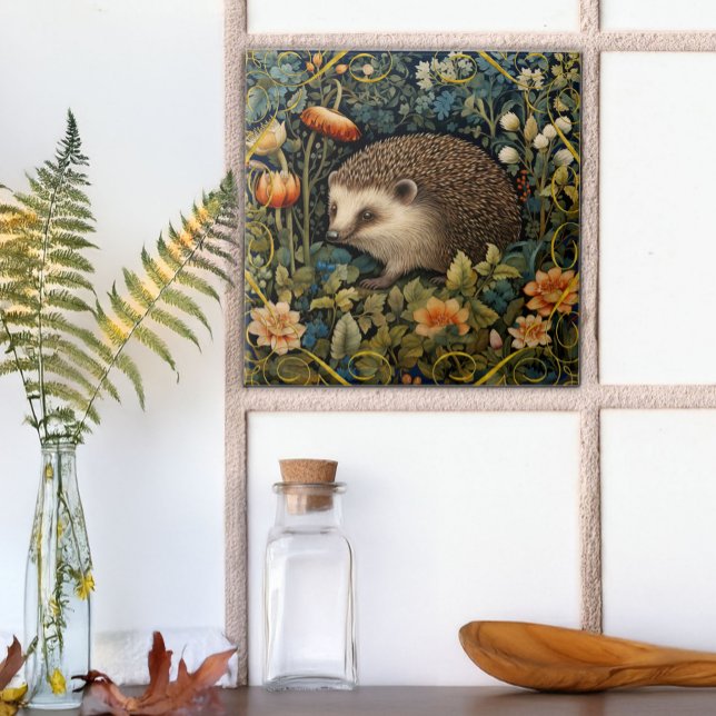 Cute Hedgehog Tapestry William Morris Style Ceramic Tile (Creator Uploaded)