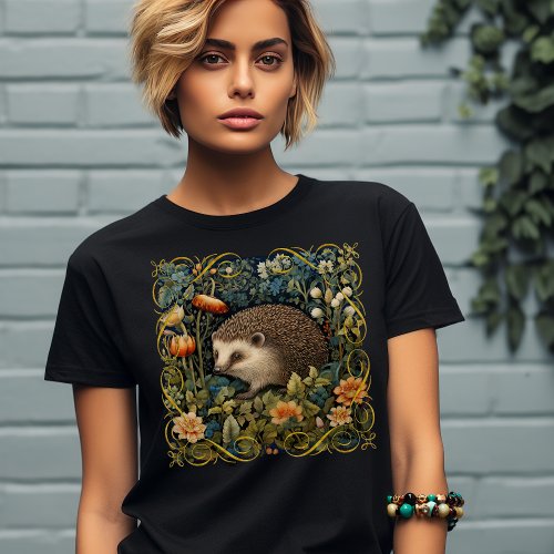 Cute Hedgehog Tapestry William Morris Style T_Shirt