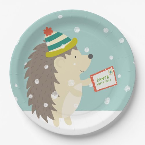 Cute Hedgehog w Letter to Santa _  Green Christmas Paper Plates