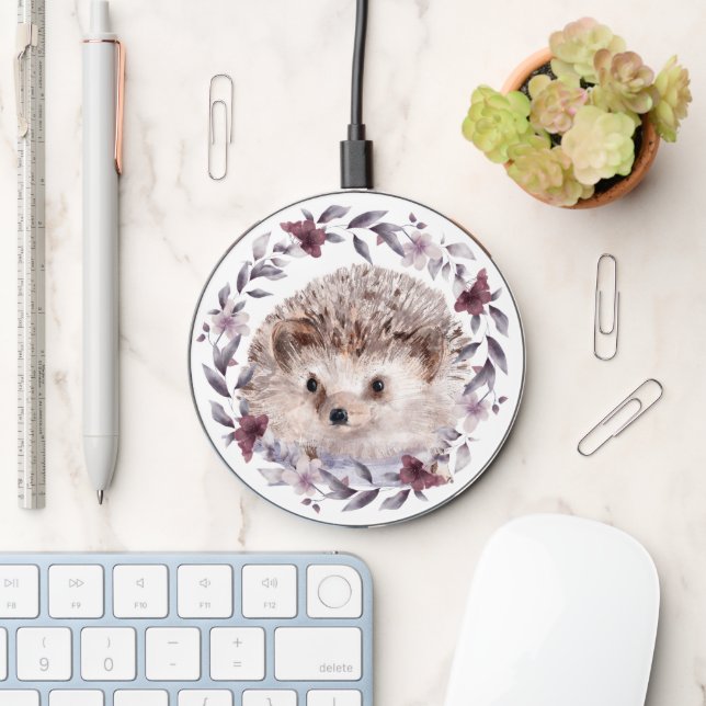 Cute Hedgehog Watercolor Animal and Flowers Wireless Charger (Desk)