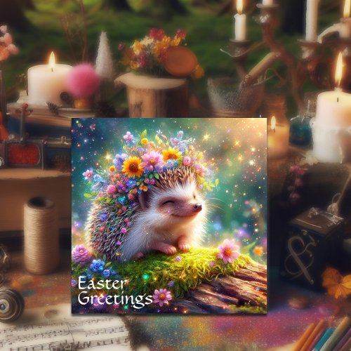 Cute Hedgehog Wearing Flower Crown Woodland Easter Holiday Card