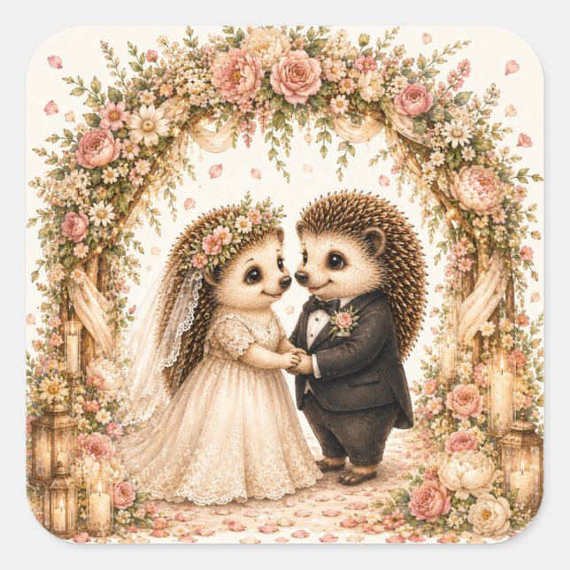 Cute Hedgehog Wedding Ceremony Romantic Floral Square Sticker (Front)