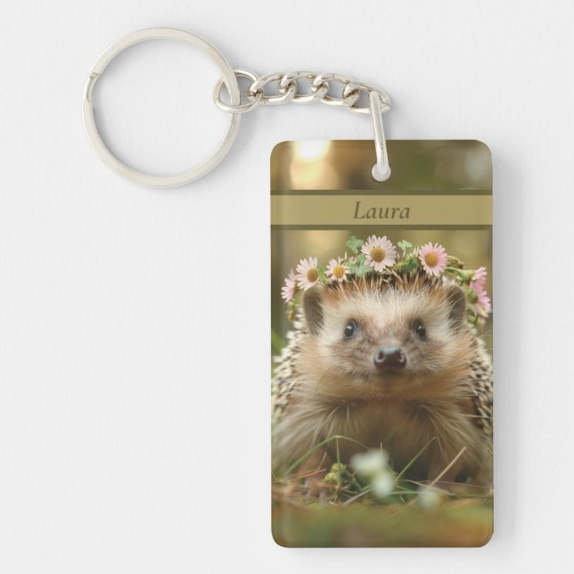 Cute hedgehog with a crown of flowers keychain (Front)