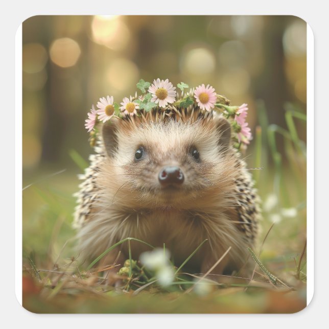 Cute hedgehog with a crown of flowers square sticker (Front)