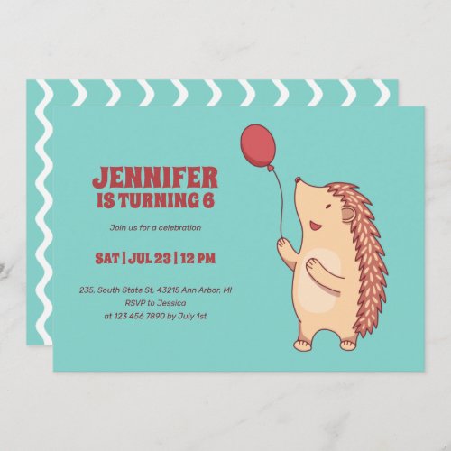 Cute Hedgehog With Balloon Cartoon Kids Birthday Invitation