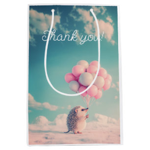 Cute hedgehog with birthday balloons, customizable medium gift bag