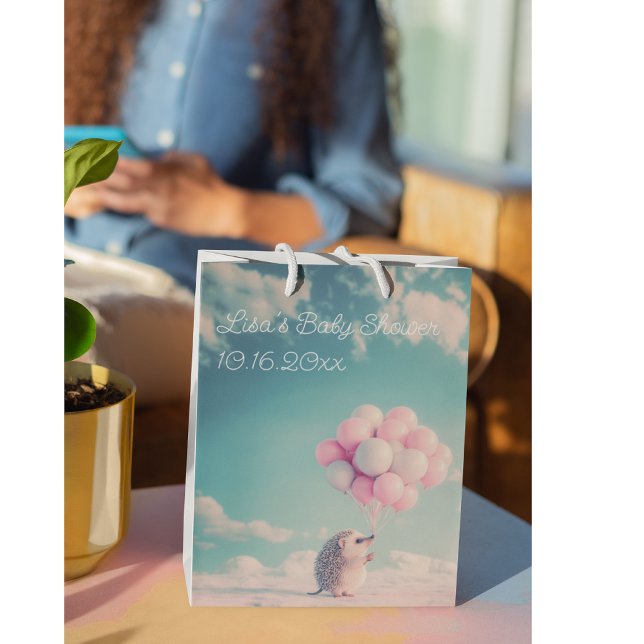 Cute hedgehog with birthday balloons, customizable medium gift bag (Creator Uploaded)