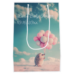Cute hedgehog with birthday balloons, customizable medium gift bag