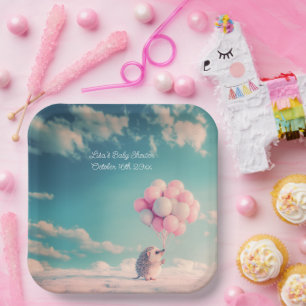 Cute hedgehog with birthday balloons, customizable paper plates