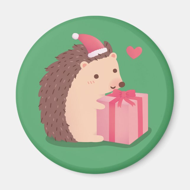 Cute Hedgehog with Christmas Hat Cartoon Magnet (Front)
