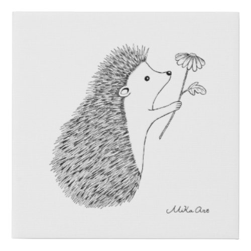 Cute hedgehog with Flowers Ink Drawing  Faux Canvas Print