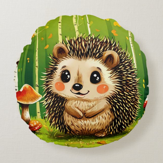 Cute Hedgehog With Green Forest Background Round Pillow (Front)
