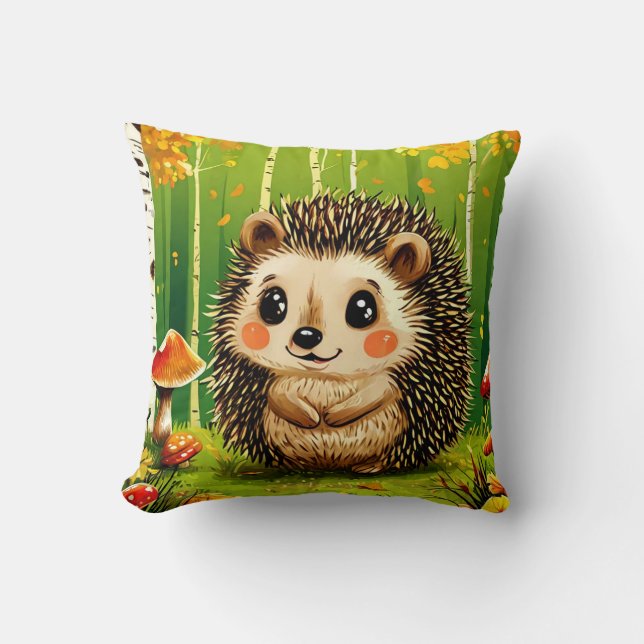 Cute Hedgehog With Green Forest Background Throw Pillow (Front)