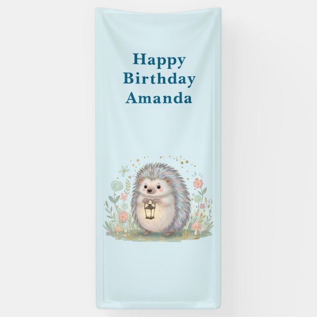 Cute Hedgehog with Lantern Birthday Banner (Vertical)