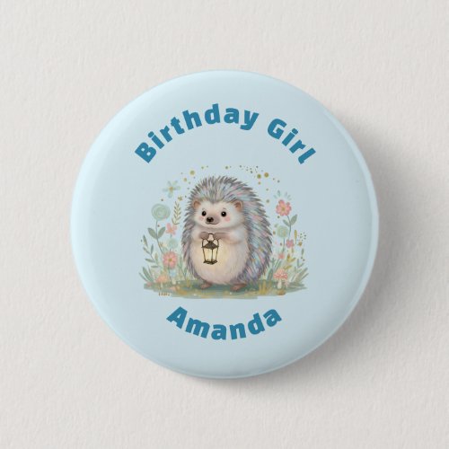 Cute Hedgehog with Lantern Birthday Girl Button