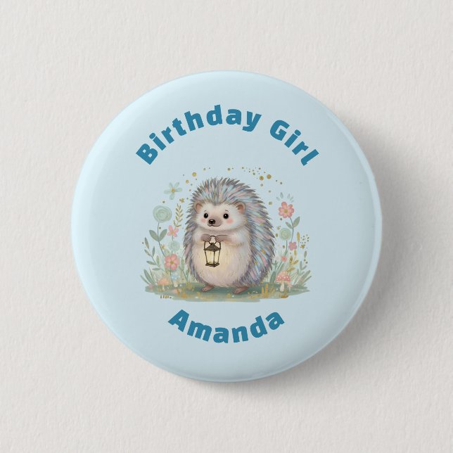 Cute Hedgehog with Lantern Birthday Girl Button (Front)