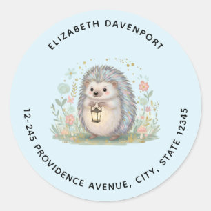 Cute Hedgehog with Lantern Blue Background Address Classic Round Sticker