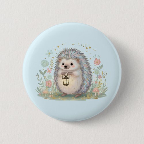 Cute Hedgehog with Lantern Button