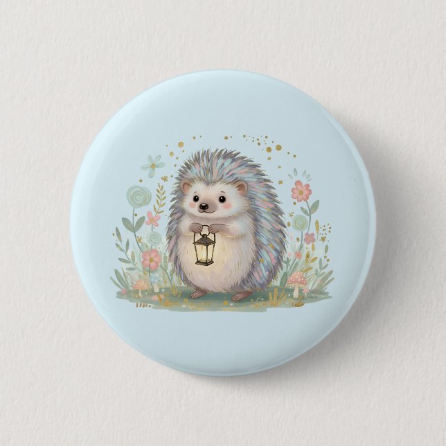 Cute Hedgehog with Lantern Button (Front)