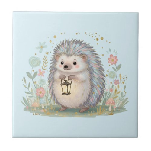 Cute Hedgehog with Lantern Ceramic Tile