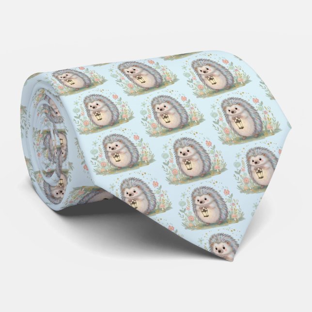 Cute Hedgehog with Lantern Pattern Neck Tie (Rolled)