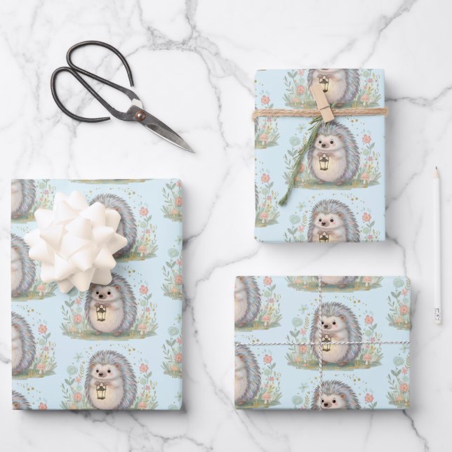 Cute Hedgehog with Lantern Pattern Wrapping Paper Sheets (Front)
