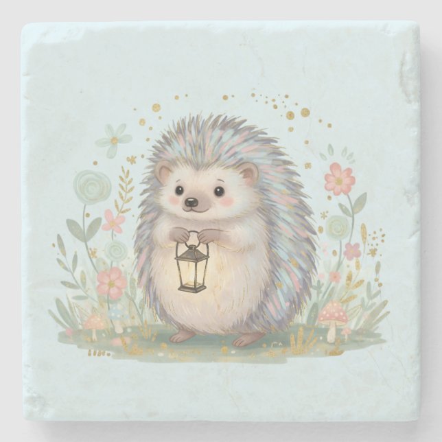 Cute Hedgehog with Lantern Stone Coaster (Front)