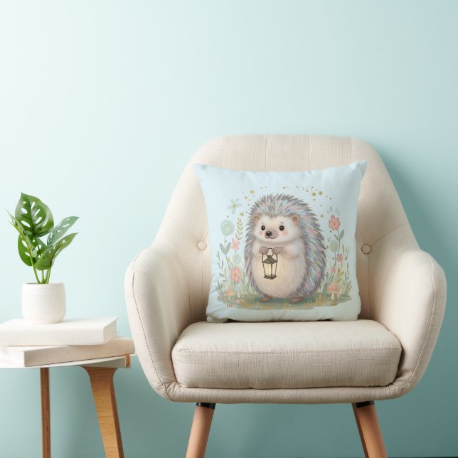 Cute Hedgehog with Lantern Throw Pillow (Chair)