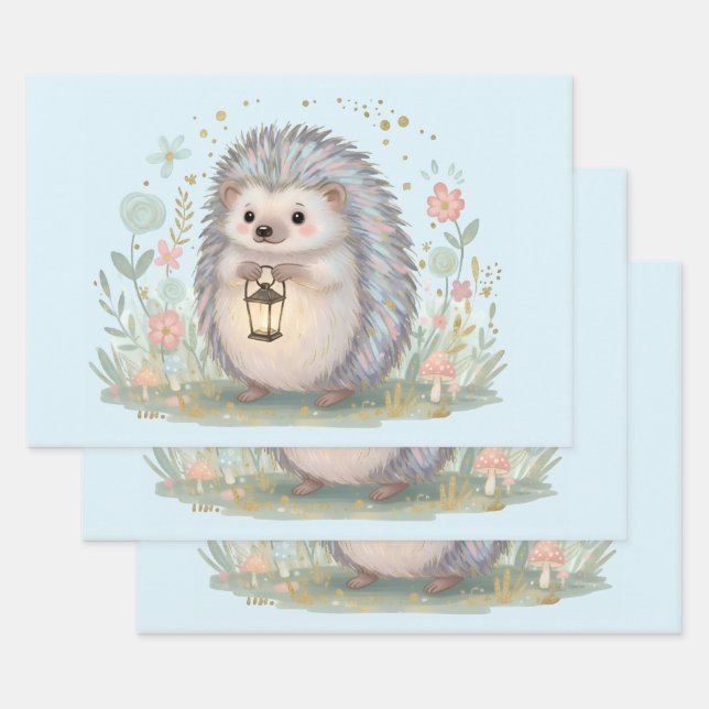 Cute Hedgehog with Lantern Wrapping Paper Sheets (Set)