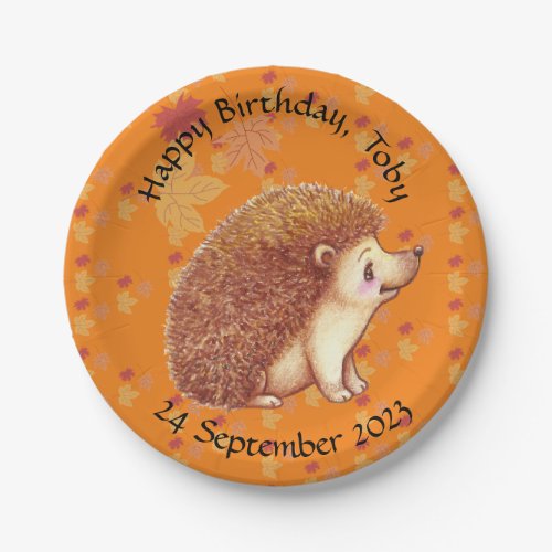 Cute hedgehog with orange leaves paper plates