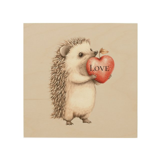 Cute Hedgehog with Red Heart Love Wood Wall Art (Front)