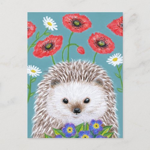 Cute Hedgehog with Spring Flowers postcard