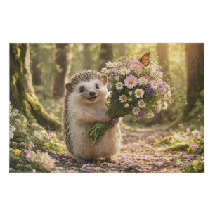Cute Hedgehog with Wildflower Bouquet Art Faux Canvas Print