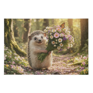 Cute Hedgehog with Wildflower Bouquet Art Faux Canvas Print