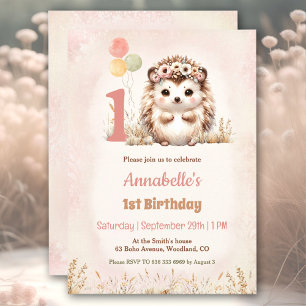 Cute Hedgehog Woodland Boho Girl 1st Birthday Invitation