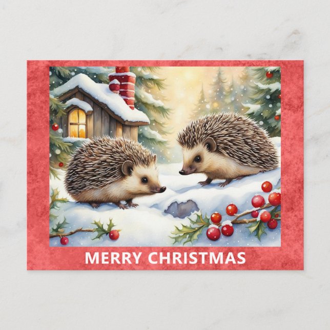 Cute Hedgehog Woodland Forest Merry Christmas Postcard (Front)