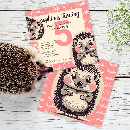 Cute Hedgehogs Girls Pink Birthday Invitation