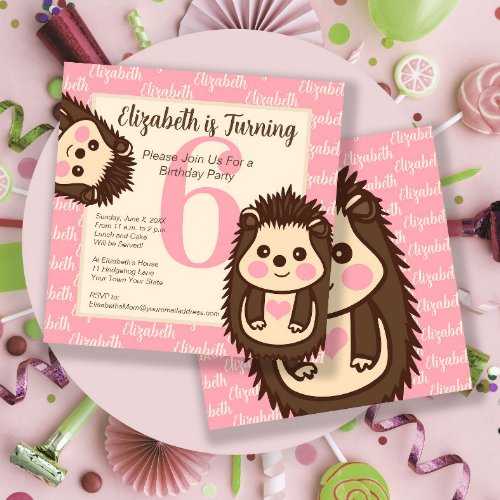 Cute Hedgehogs Girls Pink Birthday Invitation