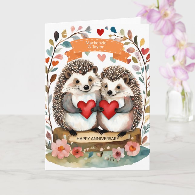 Cute Hedgehogs Hedgehugs personalized Anniversary  Card (Orchid)