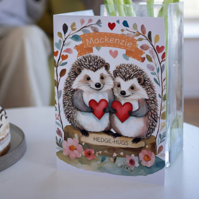 Cute Hedgehogs Hedgehugs personalized Valentines Holiday Card (Cute Hedgehogs Hedgehugs personalized Valentines Holiday Card by Ricaso. Hugs and kisses hedgehogs)