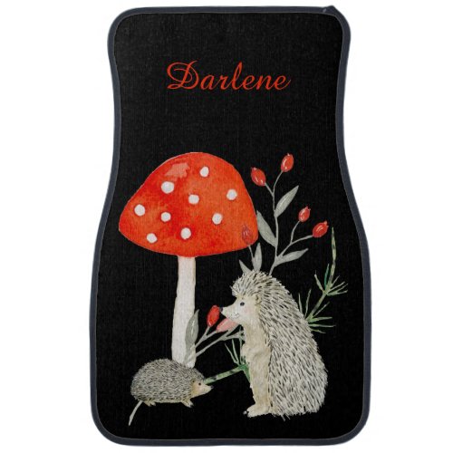 Cute Hedgehogs Mushrooms Floral Monogram Car Mats