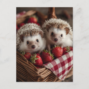 Cute Hedgehogs Peeking from a Strawberry Basket Holiday Postcard