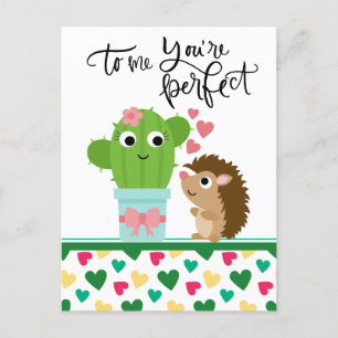 Cute Hedgehog's Valentine Cactus You're Perfect Holiday Postcard