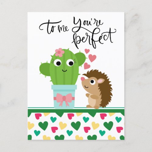 Cute Hedgehogs Valentine  Cactus Youre Perfect Holiday Postcard