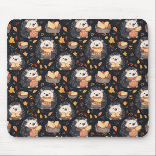 Cute Hedgehogs with Bread and Autumn Leaves Mouse Pad