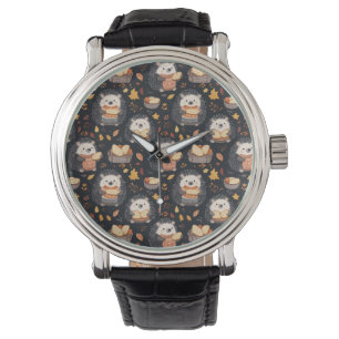 Cute Hedgehogs with Bread and Autumn Leaves Watch