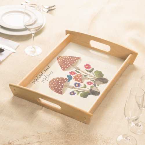 Cute Hedgehogs with Flowers and Mushrooms Serving Tray