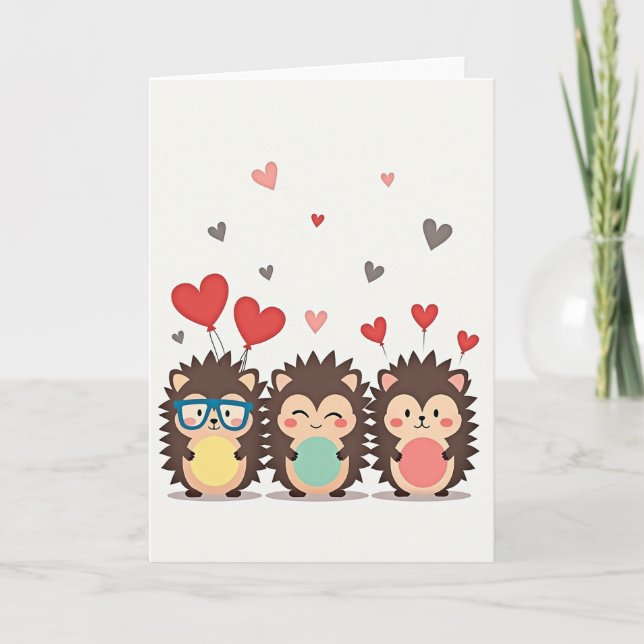Cute Hedgehogs With Hearts Card (Front)