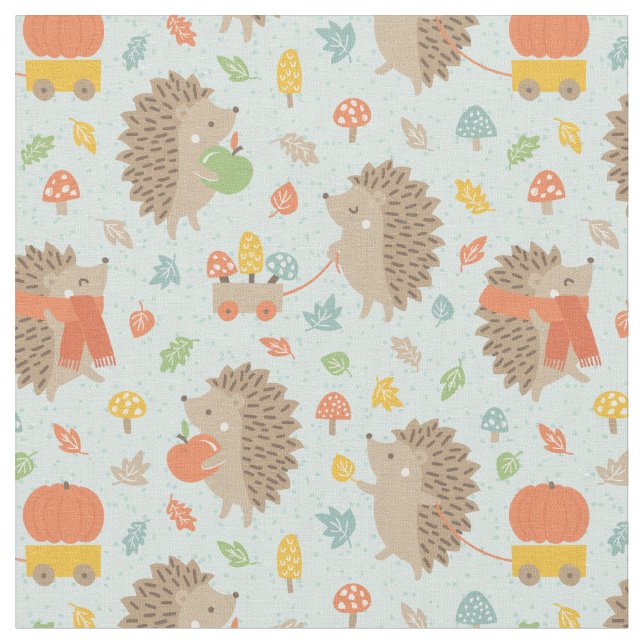 Cute Hedgehogs with Little Leaves blue Fabric (Close Up)